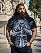 Plus Size Men's Viking Warrior T-shirt With Eye-catching Print On Front And Back
